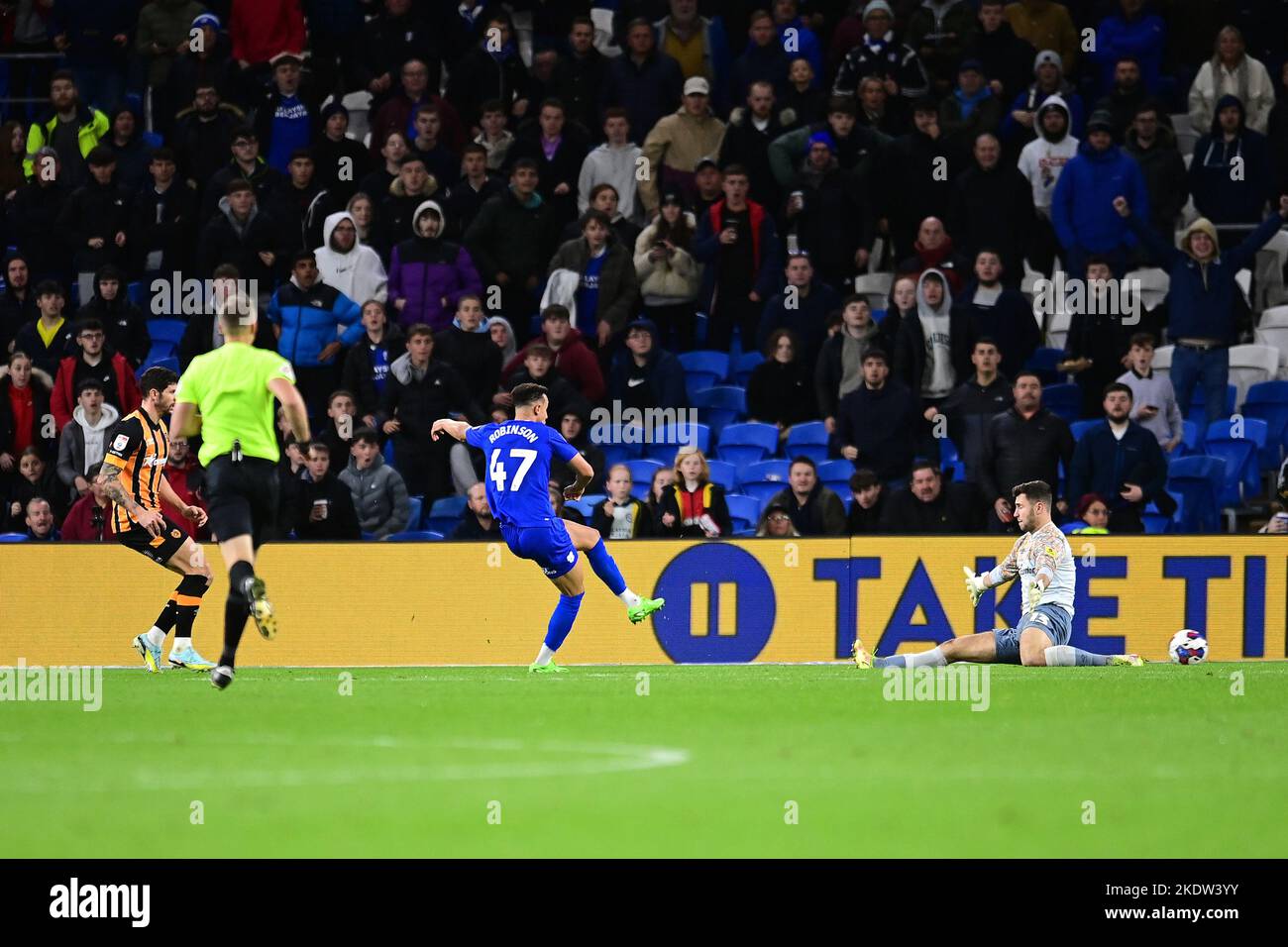 Callum Robinson #47 of Cardiff City scores his side's equalising goal ...