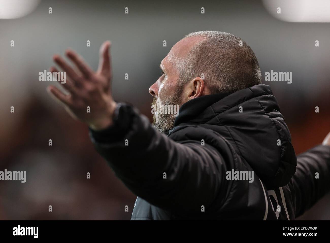 Michael Appleton Manager of Blackpool reacts during the Sky Bet