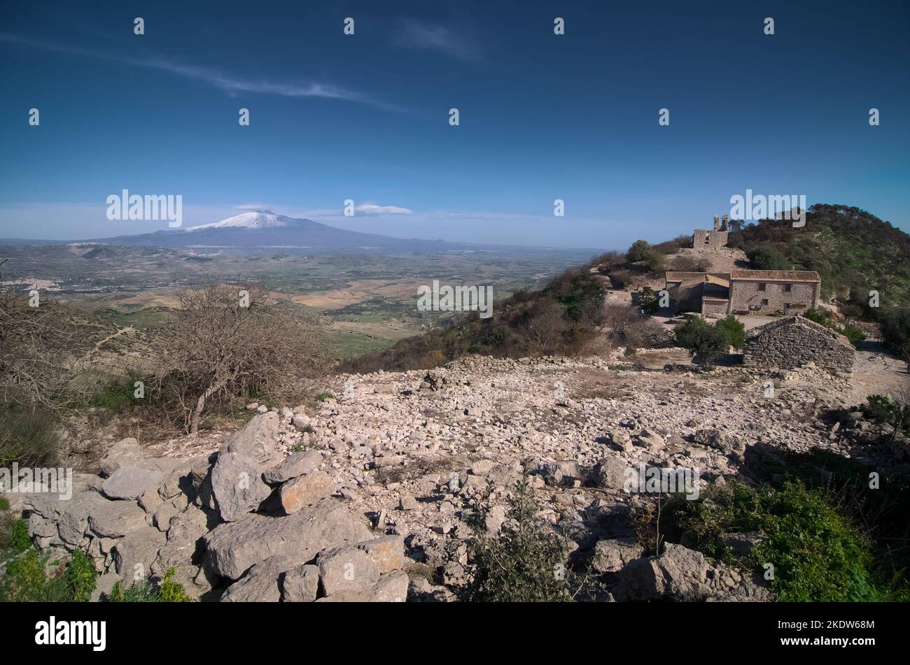 ruins on Mount Iudica and Mount Etna in Sicily, Italy Stock Photo