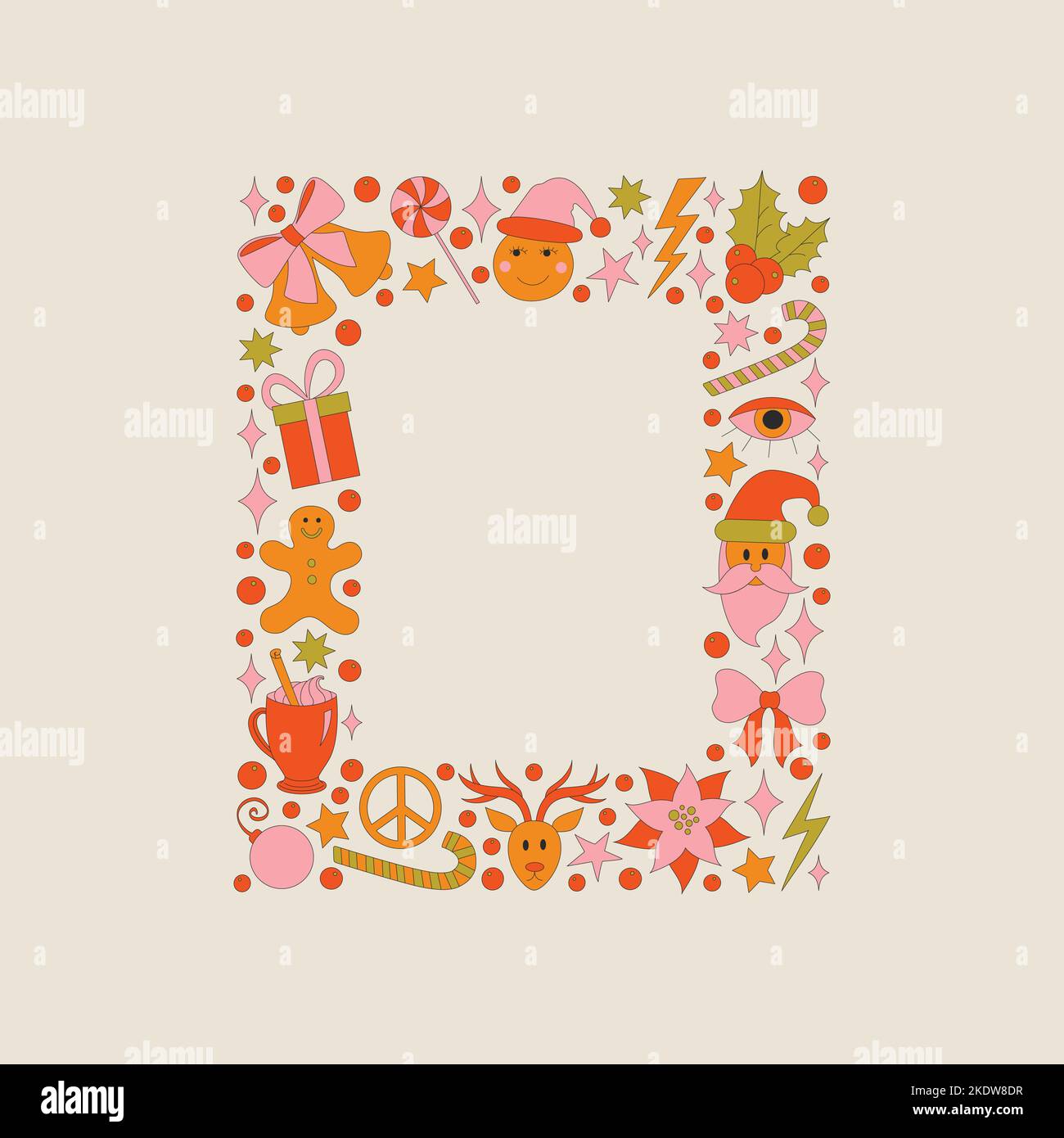 Retro frame with 70s style Christmas elements. Stock Vector