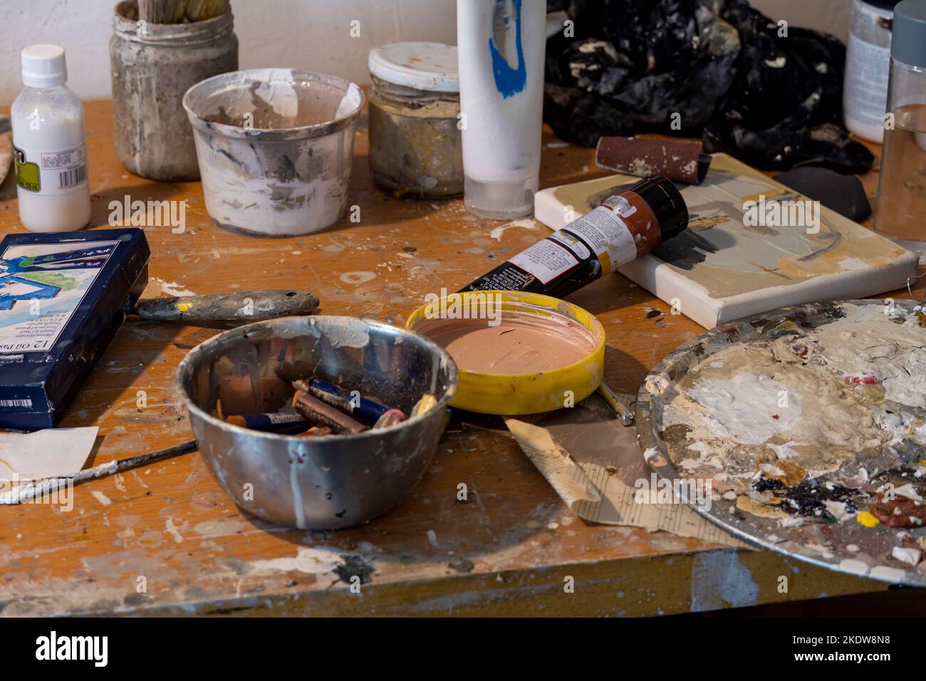 studio or work space of a hispanic woman artist, oil painting, mexico Stock Photo