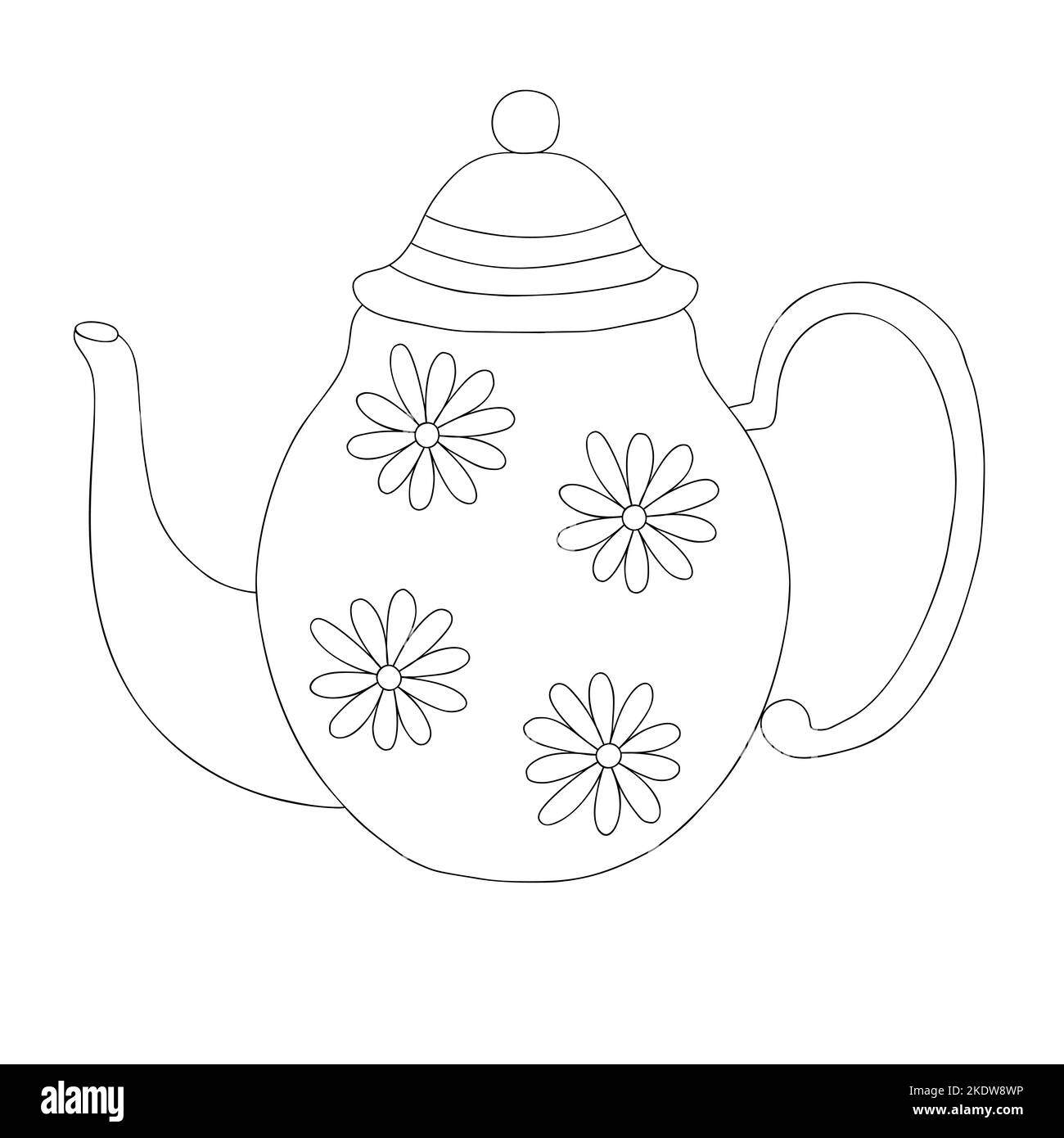 Teapot decorated with flowers simple doodle outline vector illustration, kitchen utensil for making hot drinks tea, coffee, hand drawn design element Stock Vector