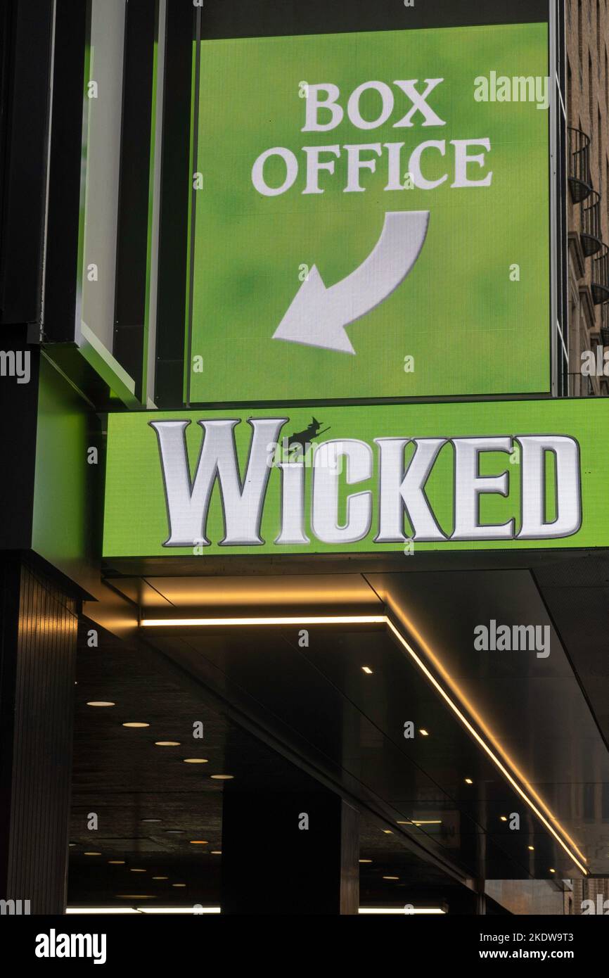 Box Office Sign for 'Wicked', the musical, at the Gershwin theatre, NYC, USA  2022 Stock Photo