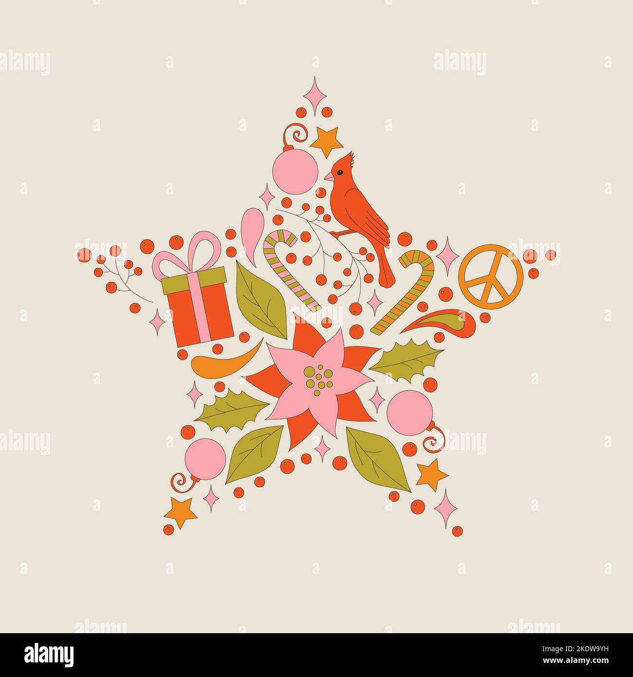 Retro frame with 70s style Christmas elements. Stock Vector