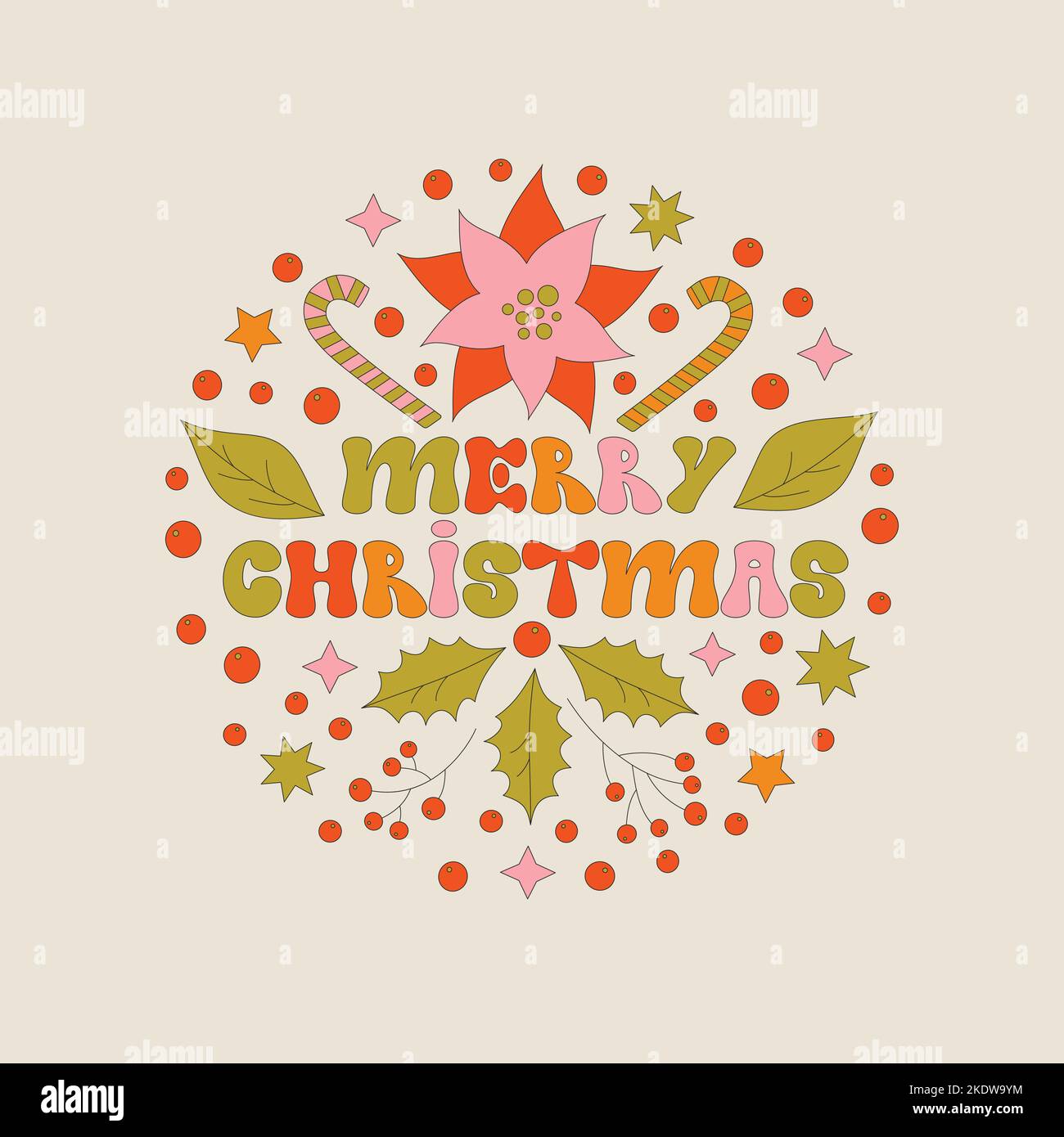Retro frame with 70s style Christmas elements. Stock Vector