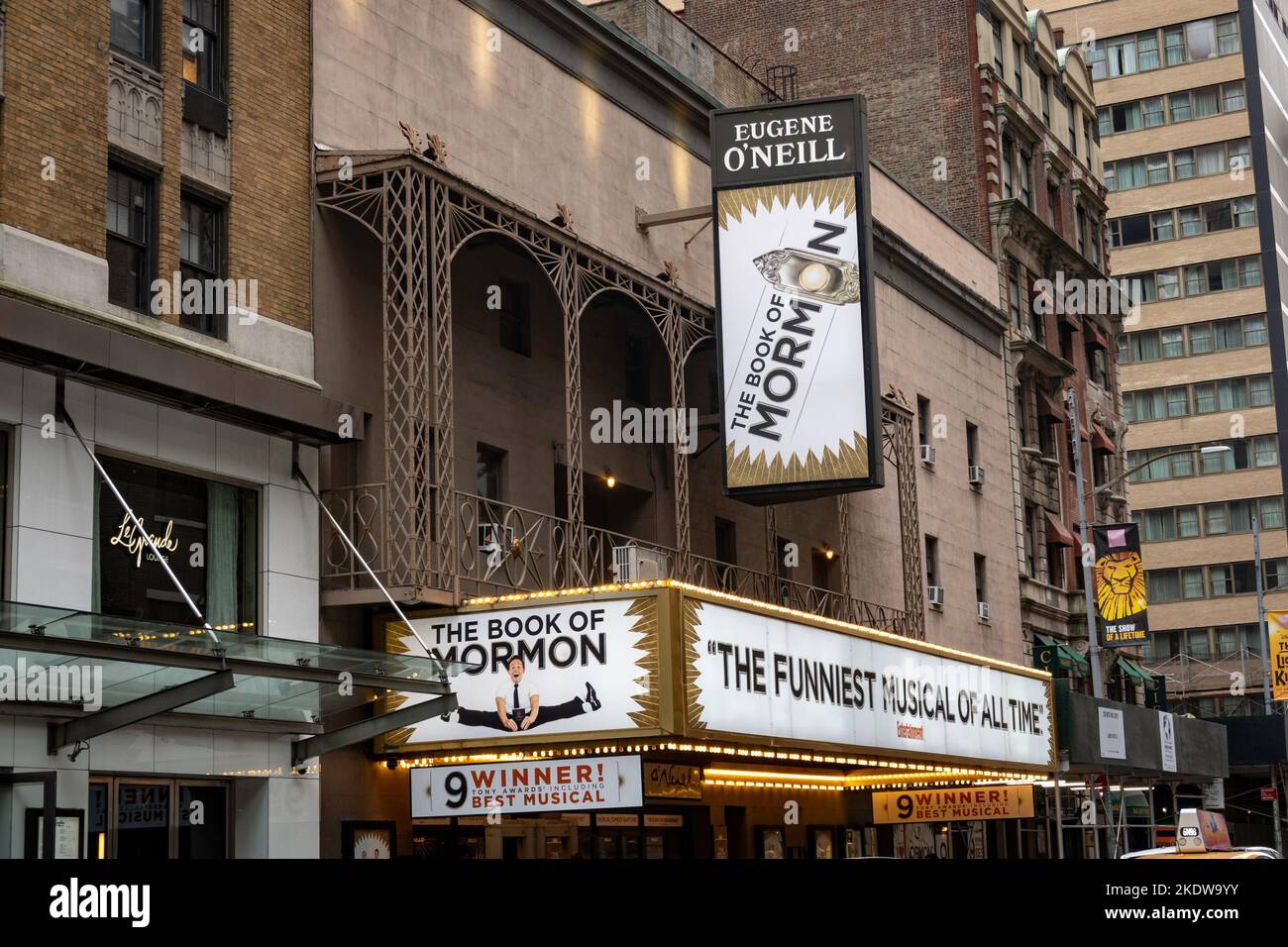 "Book of Mormon" Eugene O'Neill Theatre Marquee in Times Square, New York City, USA 2022 Stock