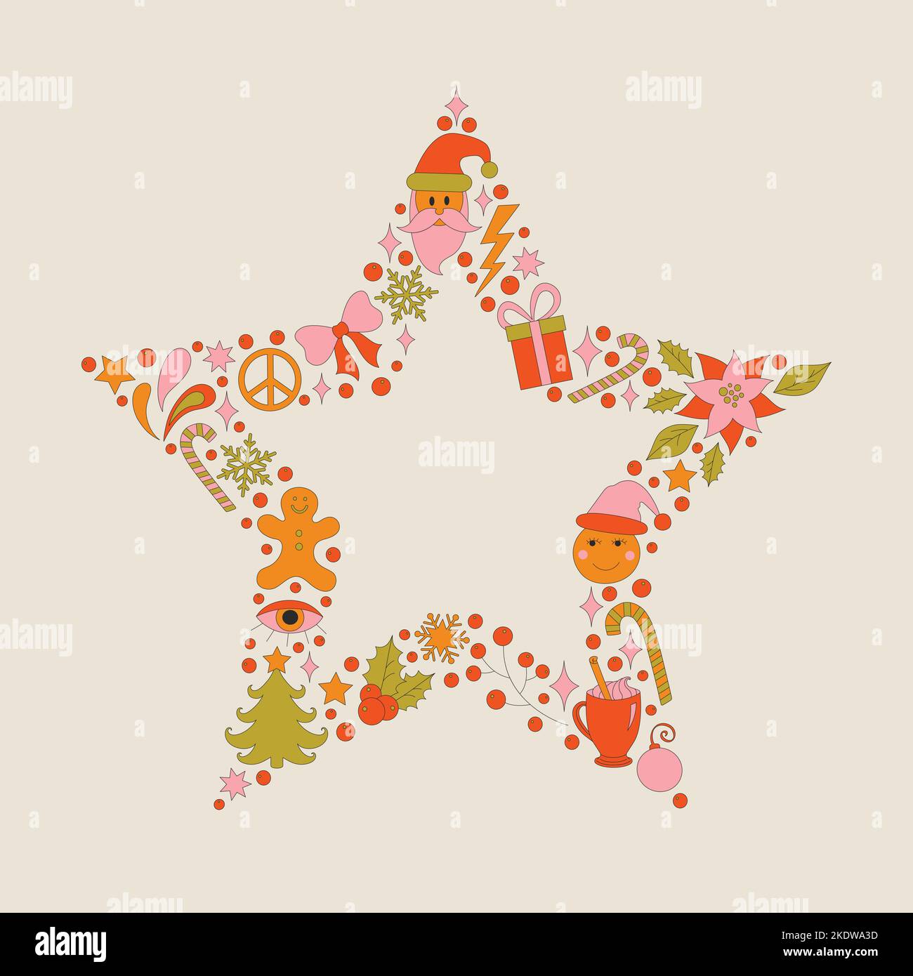 Retro frame with 70s style Christmas elements. Stock Vector