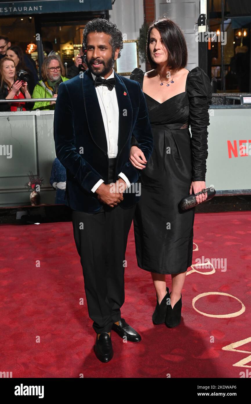 London, UK. 8th November, 2022. Prasanna Puwanarajah and Lauren Dark attends Netflix Present the world Premiere - The fifth season of The Crown at Theatre Royal, Drury Lane, on 8 November London, UK. Credit: See Li/Picture Capital/Alamy Live News Stock Photo