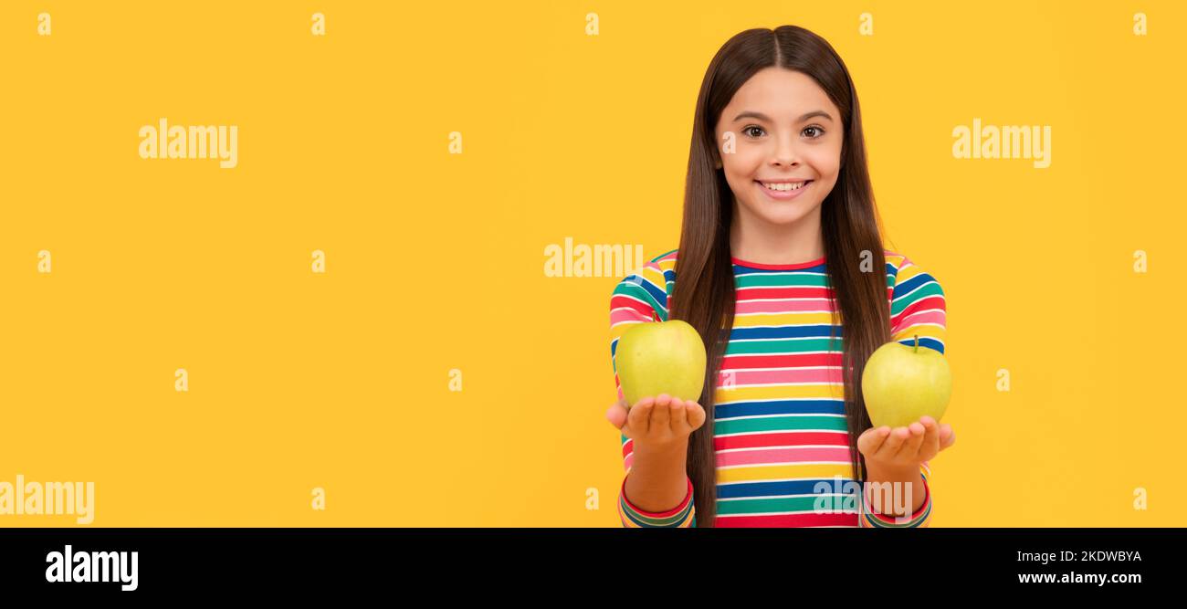 As fresh as fruit. Happy girl hold apples. Child nutrition. Childs diet
