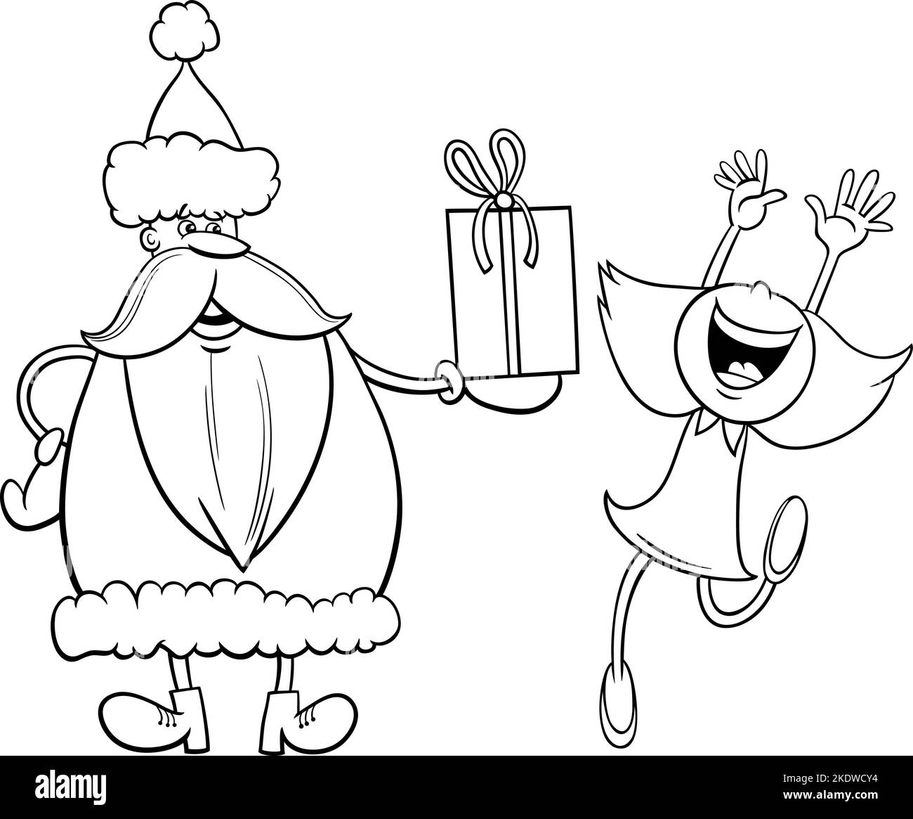 Cartoon illustration of Santa Claus character with giving a present to