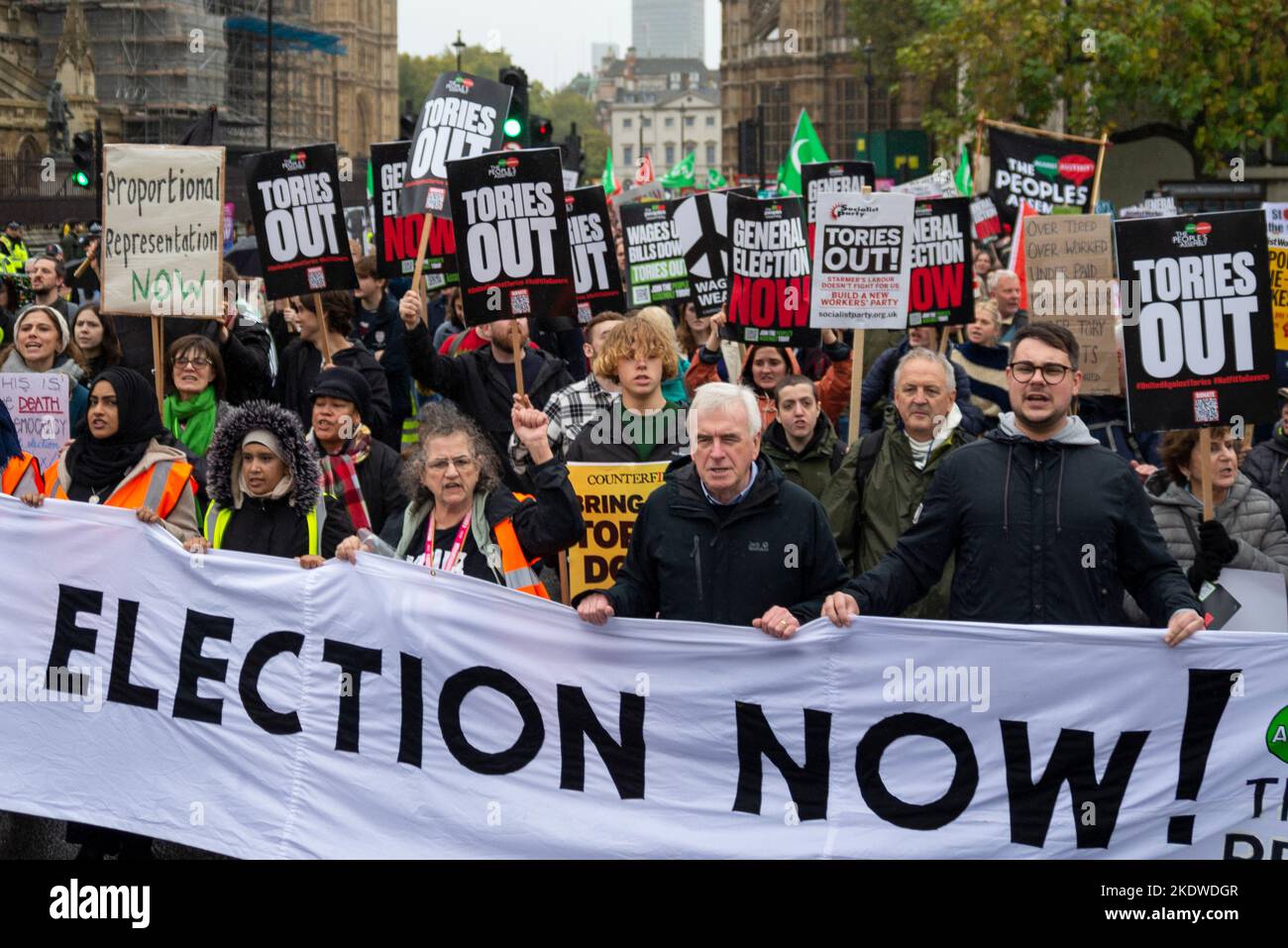 John McDonnell, Labour MP at a protest in London against Conservative government austerity measures, calling for a general election and higher wages. Stock Photo