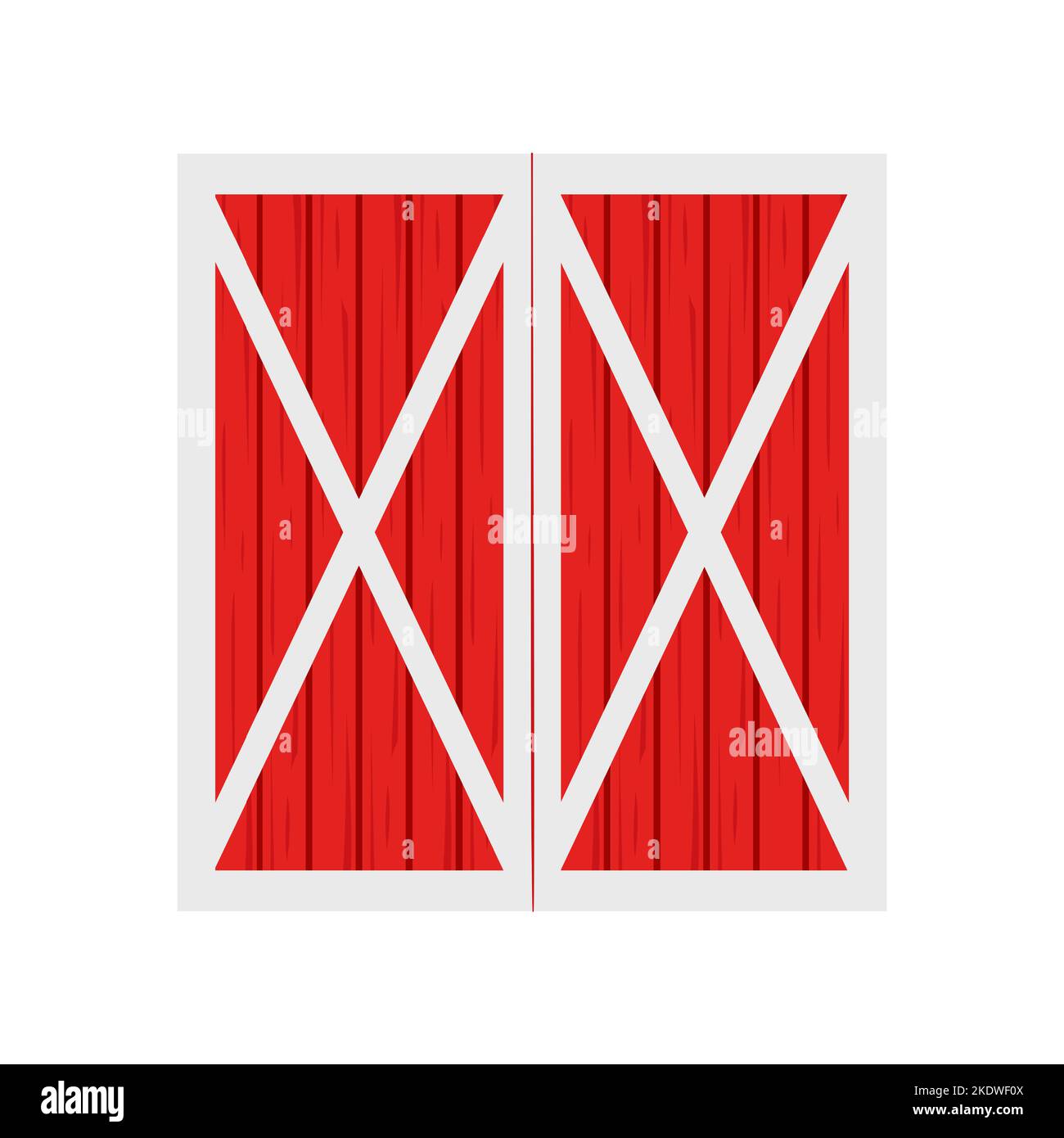 Red wooden barn door isolated on white background. Front view. Element of farm warehouse building. Vector cartoon illustration. Stock Vector