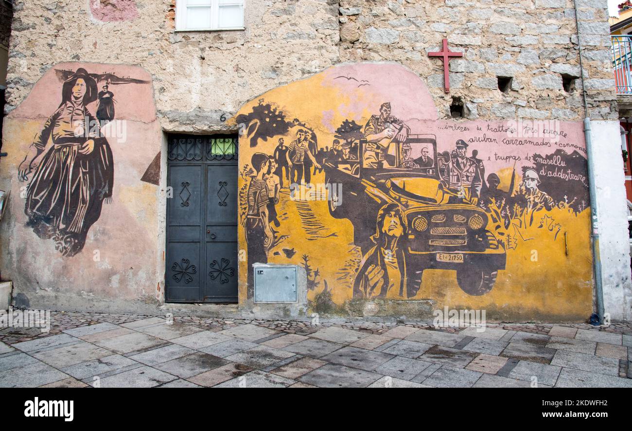 I Murales di Orgosolo in Sardegna, sono diventati una grande attrazione turistica. Hanno spesso messaggi politici ed hanno tematiche sociali. Stock Photo