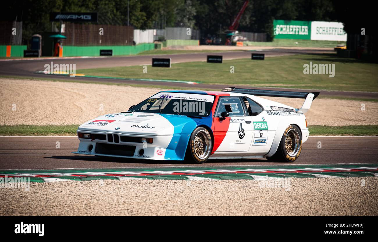 BMW M1 vintage car racing on track old fashioned motor sport. Imola, Italy, june 18 2022. DTM Stock Photo