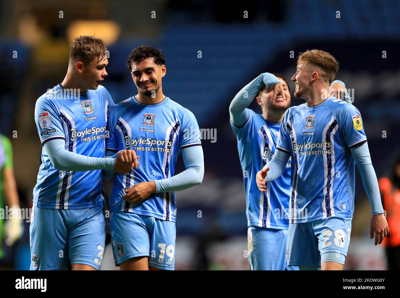 Coventry City's Tyler Walker (second left) and Callum Doyle at the end of the Sky Bet Championship match at the Coventry Building Society Arena, Coventry. Picture date: Tuesday November 8, 2022. Stock Photo