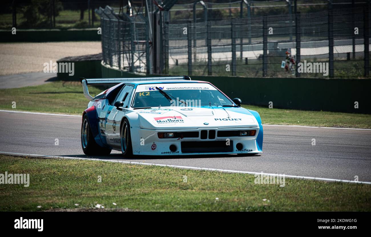 BMW M1 vintage car racing on track old fashioned motor sport. Imola, Italy, june 18 2022. DTM Stock Photo