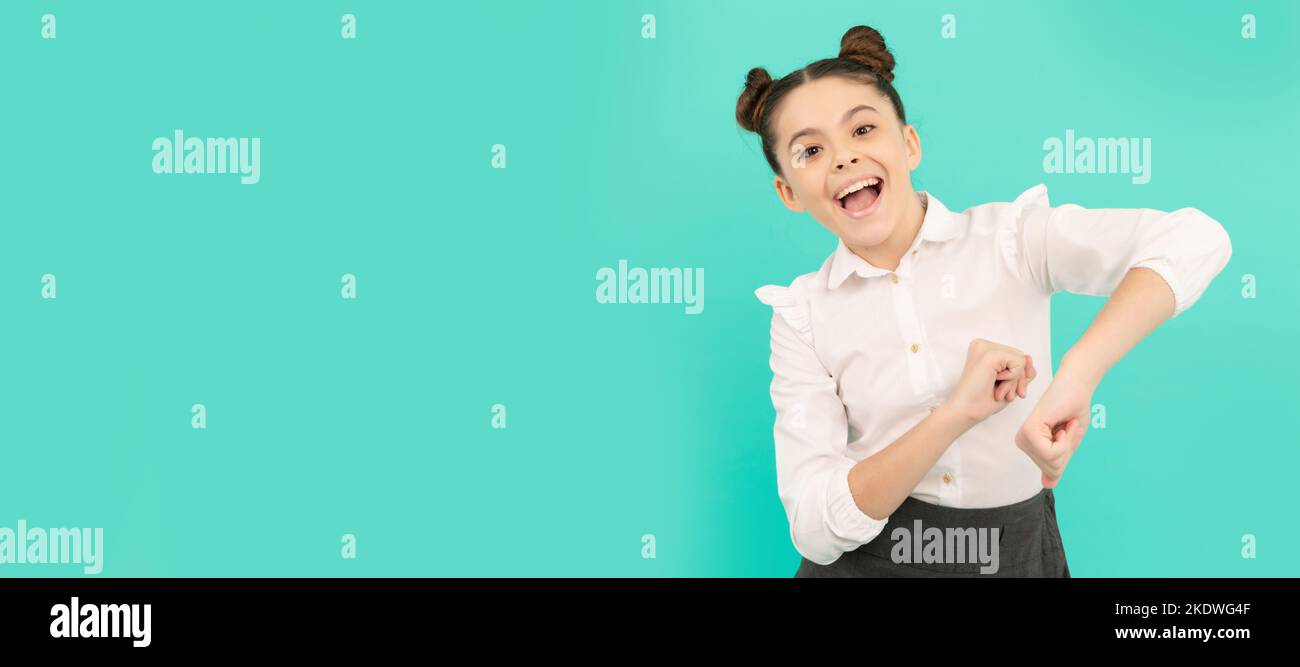 Fun first day of school. Happy schoolchild have fun. Primary school kid enjoy dancing. Child face, horizontal poster, teenager girl isolated portrait Stock Photo