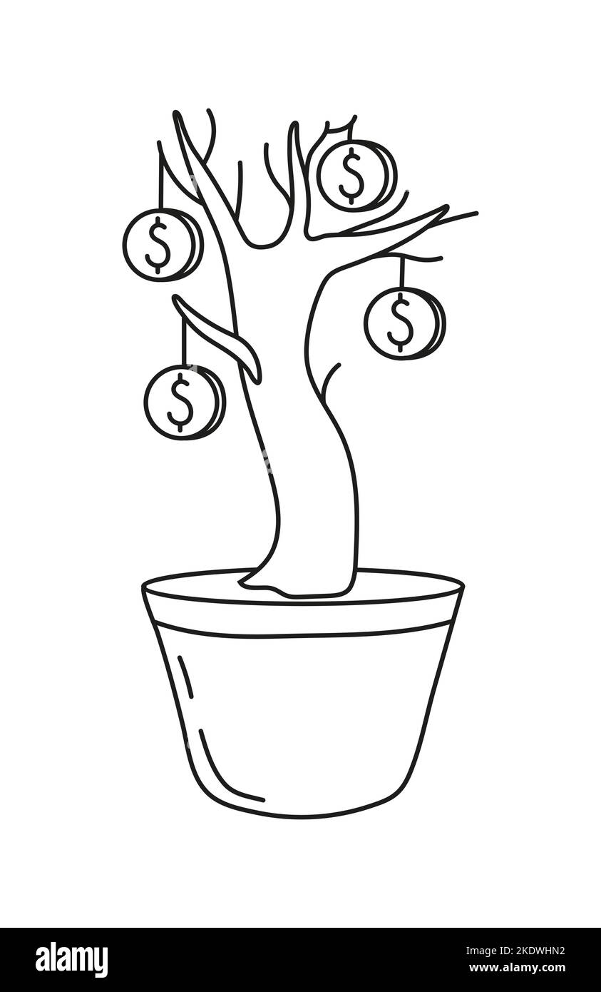 Money tree icon in doodle style. Financial expert help, planning
