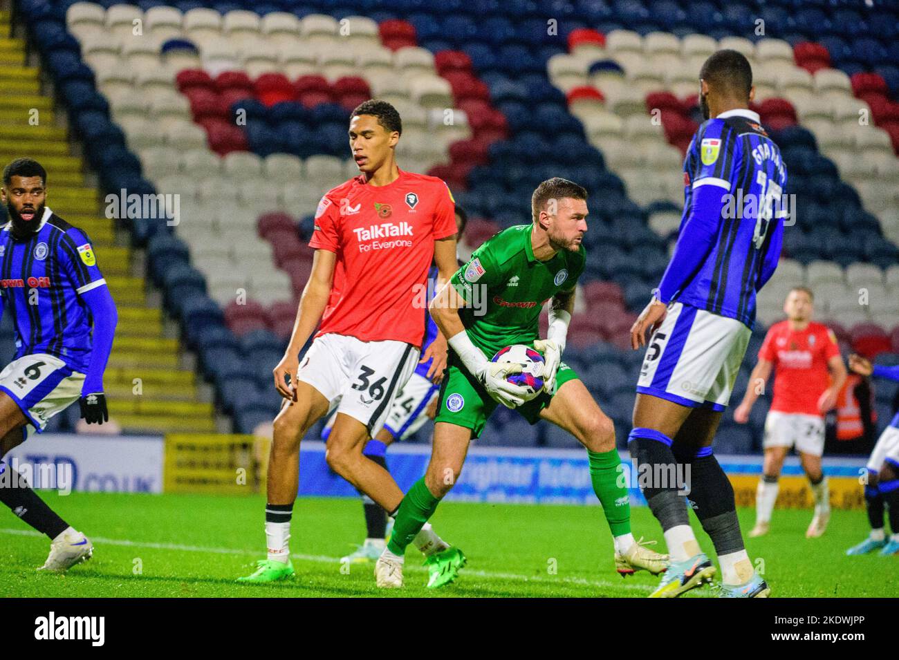 Rochdale, UK. 8th November 2022. Richard O'Donnell of Rochdale AFC makes the save during the Sky Bet League 2 match between Rochdale and Salford City at Spotland Stadium, Rochdale on Tuesday 8th November 2022. (Credit: Ian Charles | MI News) Credit: MI News & Sport /Alamy Live News Stock Photo