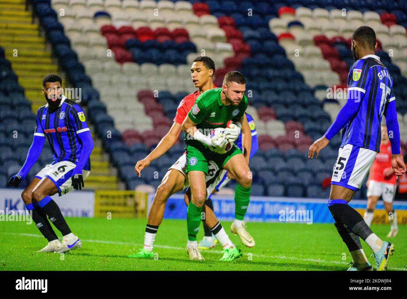 Rochdale, UK. 8th November 2022. Richard O'Donnell of Rochdale AFC makes the save during the Sky Bet League 2 match between Rochdale and Salford City at Spotland Stadium, Rochdale on Tuesday 8th November 2022. (Credit: Ian Charles | MI News) Credit: MI News & Sport /Alamy Live News Stock Photo