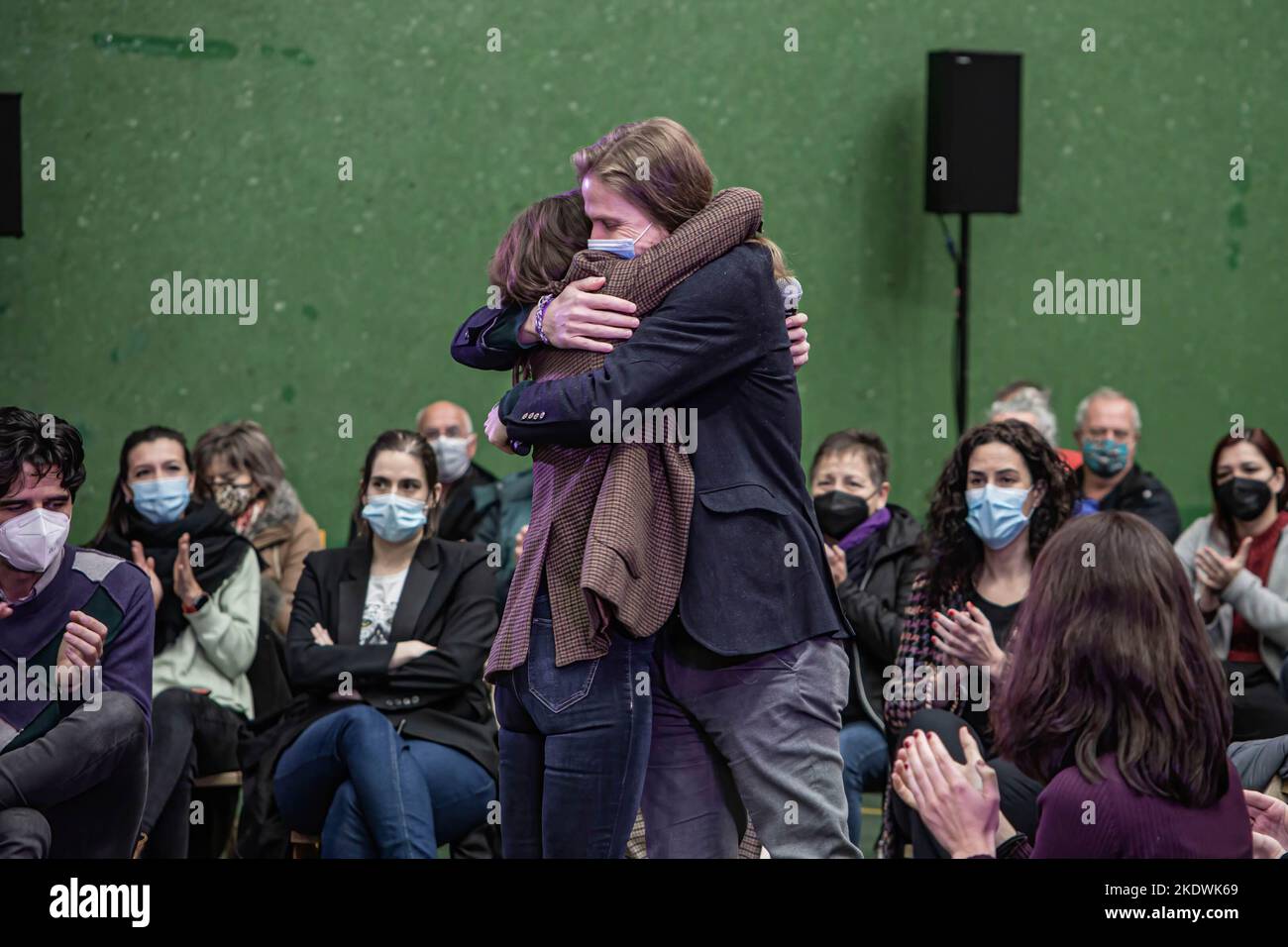 Irene Montero, Minister of Equality, hugs the future President of the Junta de Castilla y León, Pablo Fernández during the campaign rally in Burgos. The political party Unidos Podemos also known as United We Can, held a massive rally at the Gamonal neighborhood for the elections on February 23. Stock Photo