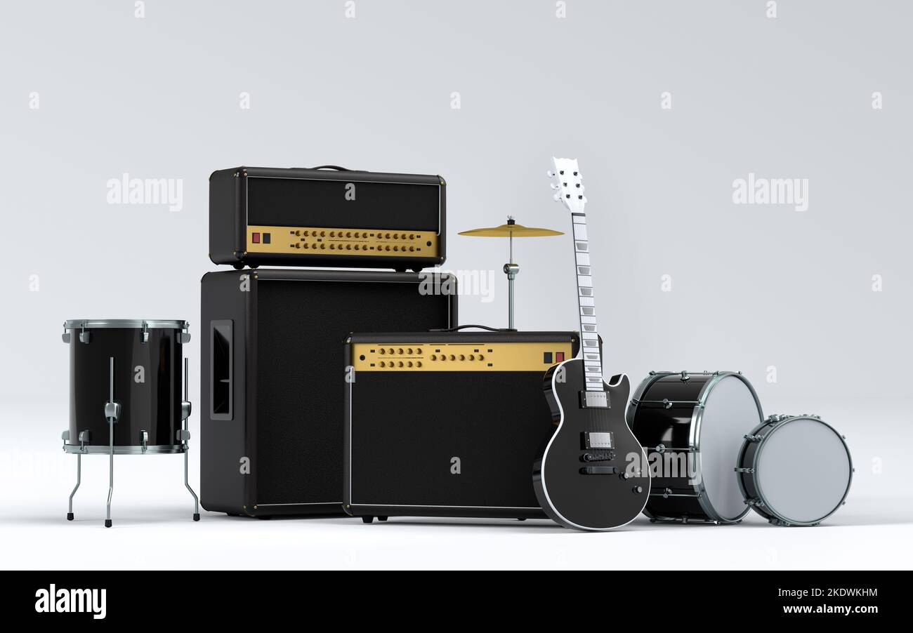 Set of electric acoustic guitars, amplifiers and drums with metal ...