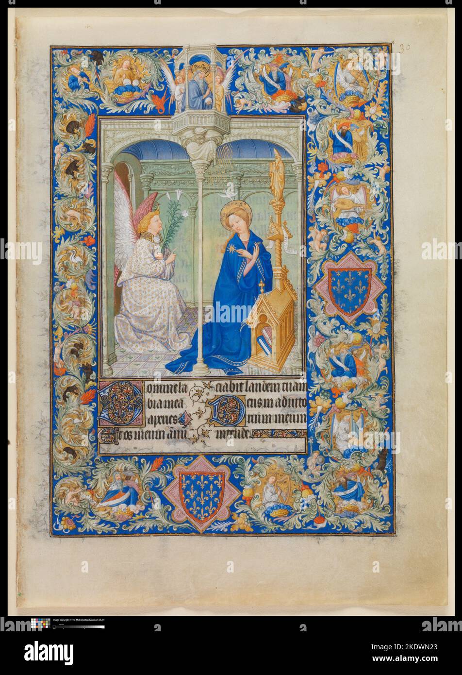 he Belles Heures of Jean de France, duc de Berry. Artist: The Limbourg Brothers (Franco-Netherlandish, active France, by 1399-1416). Culture: French. Dimensions: Single leaf, Overall: 9 3/8 x 6 11/16 in. (23.8 x 17 cm); Double leaf, Overall: 9 3/8 x 13 7/16 in. (23.8 x 34.1 cm). Date: 1405-1408/1409. Technique/material: Tempera, gold, and ink on vellum Stock Photo