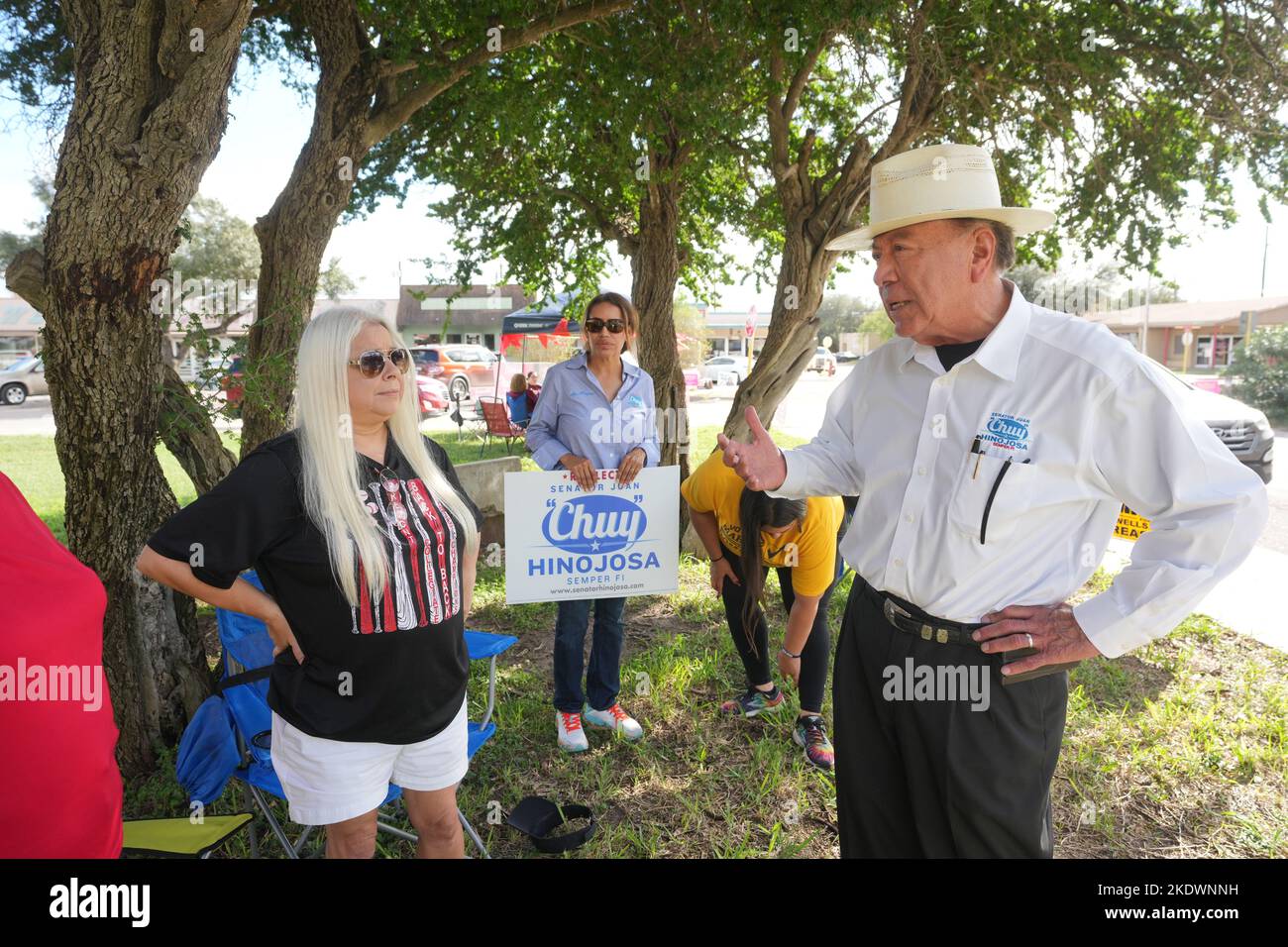 Premont Texas USA, November 8 2022: State Sen. JUAN 'CHUY' HINOJOSA talks with voters during a swing through his district on election day. Credit: Bob Daemmrich/Alamy Live News Stock Photo