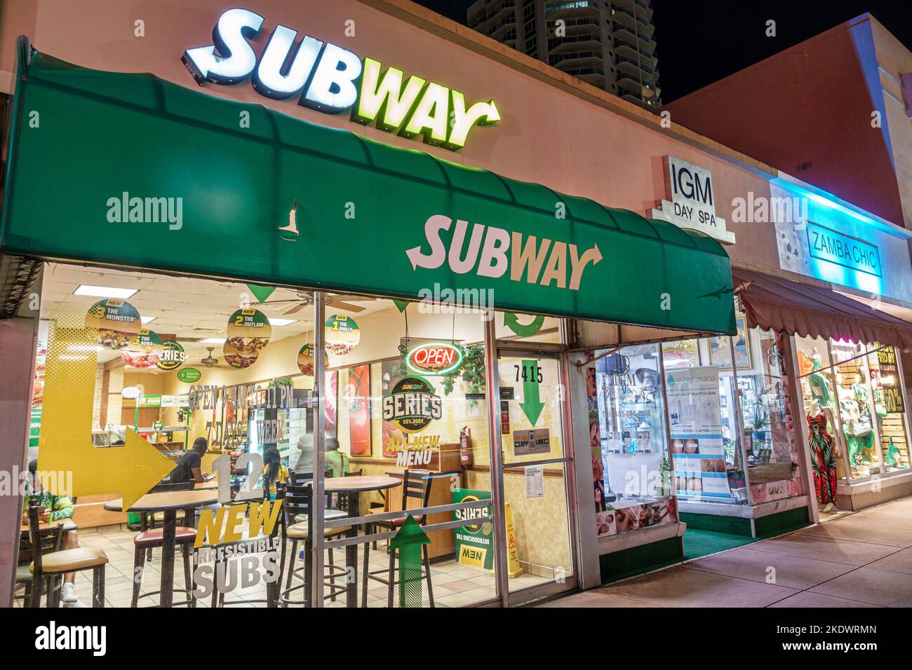 Miami Beach Florida,North Beach Collins Avenue night nightlife,Subway sandwich shop restaurant restaurants dine dining eating out casual cafe cafes bi Stock Photo