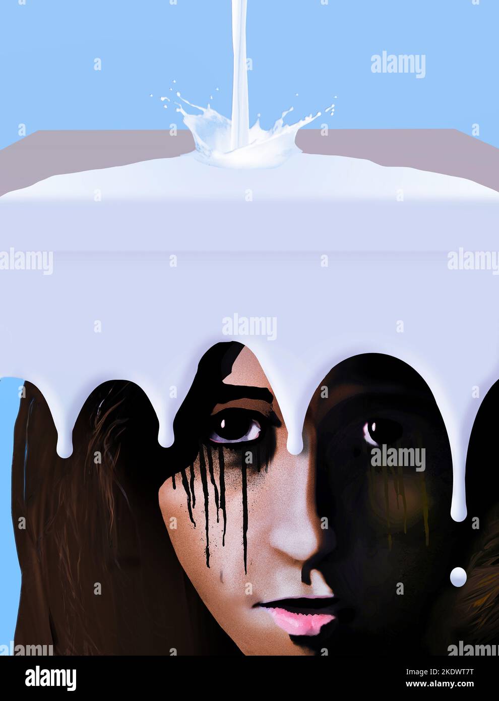 The old adage about crying over spilt milk is illustrated with a crying woman hiding under a