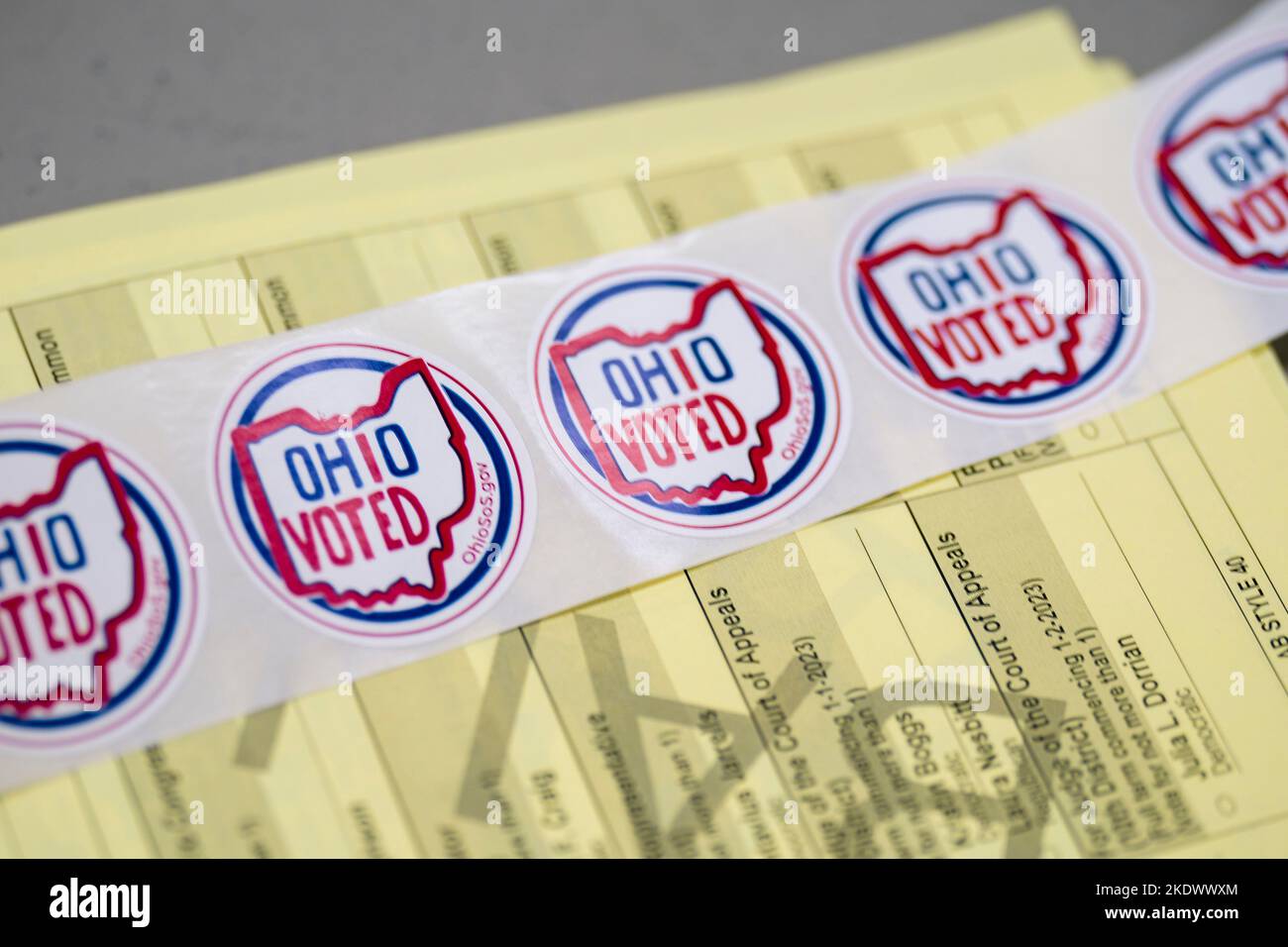 Columbus, Ohio, USA. 8th Nov, 2022. Voting stickers lie in front of a