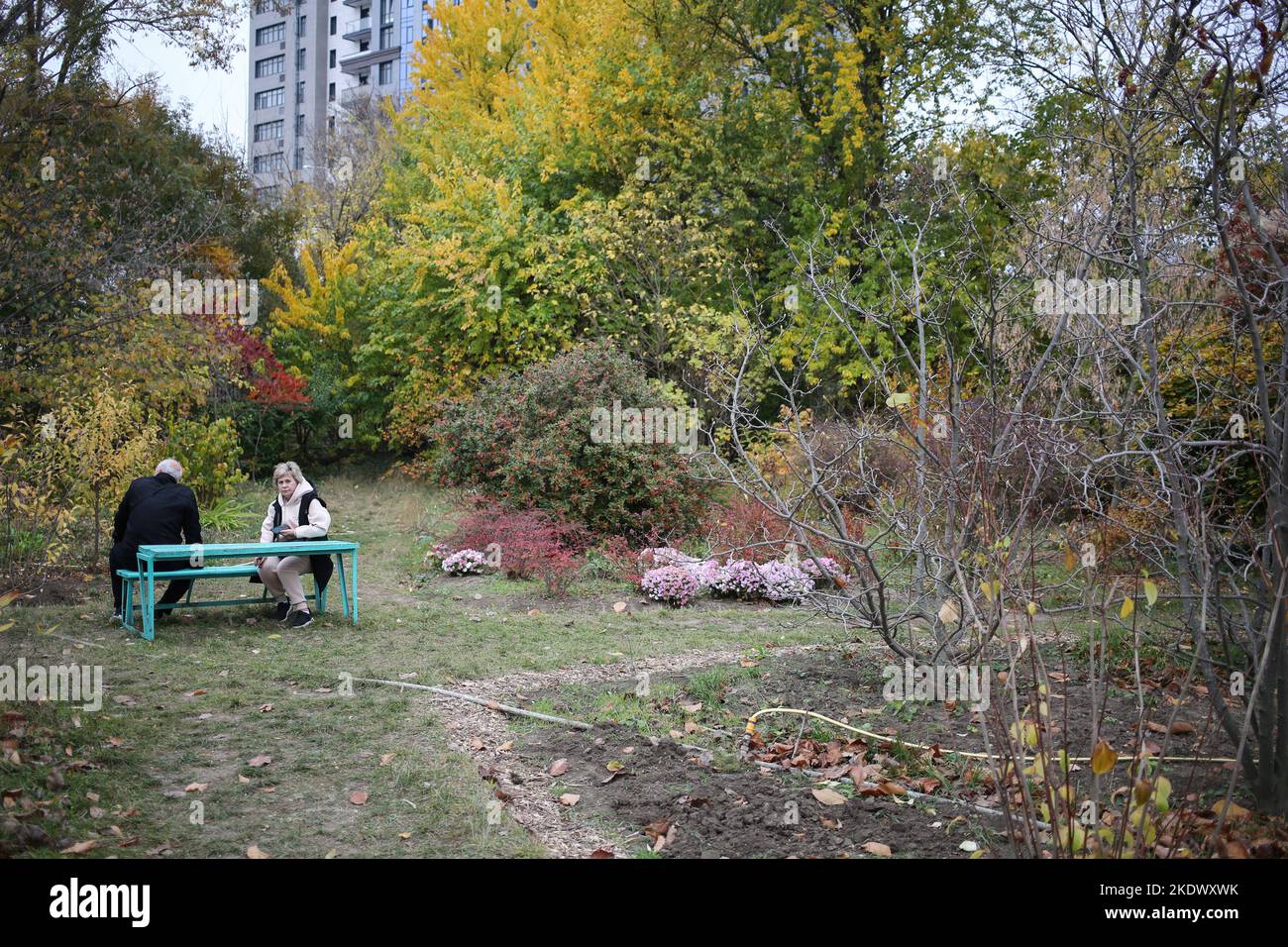 Odessa, Ukraine. 5th Nov, 2022. An elderly couple is seen sitting at a table in the Botanical Garden on French Boulevard. Botanical Garden of Odessa National University named after Ilya Mechnikov. More than 3,000 types of green spaces are presented on the territory of the garden with an area of about 16 hectares. The garden is an educational subdivision of the Faculty of Biology of the University, on its basis diploma and term papers are carried out annually, the scientific staff of the garden participate in the educational process.In 1963, the Botanical Garden was given the status of a pa Stock Photo