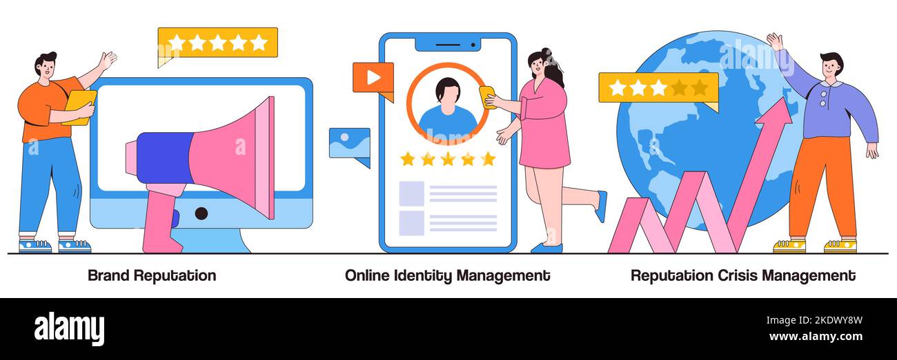 Brand reputation, online identity management, reputation crisis management concept with tiny people. Business public relations vector illustration set Stock Vector