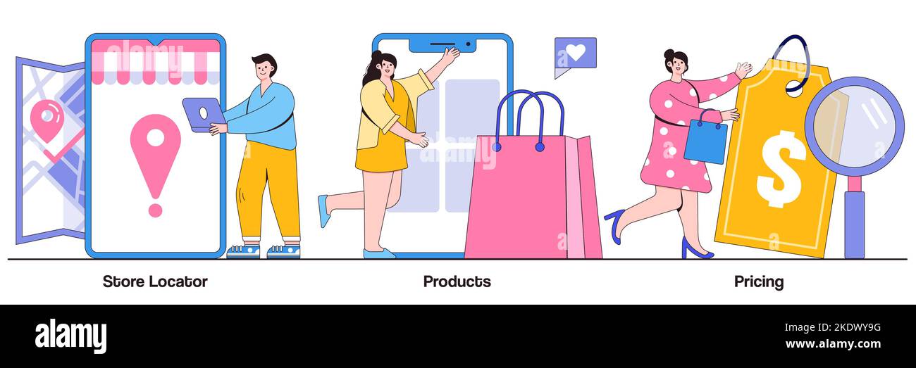 Store locator, product, pricing concept with tiny people. E-commerce ...