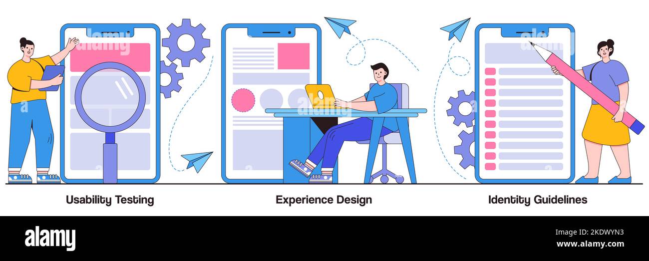 Usability testing, experience design, identity guidelines concept with people character. App prototyping abstract vector illustration set. User friend Stock Vector
