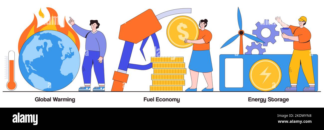 Global warming, fuel economy, energy storage concept with people