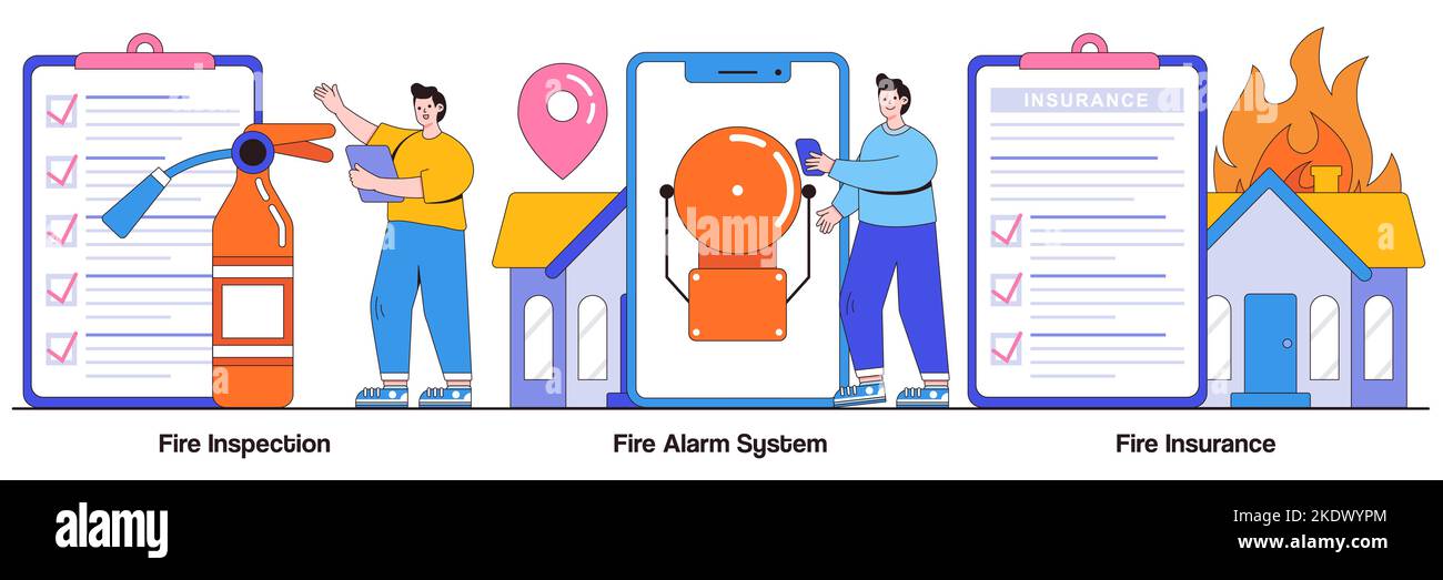 Fire inspection, fire alarm system, fire insurance concept with tiny