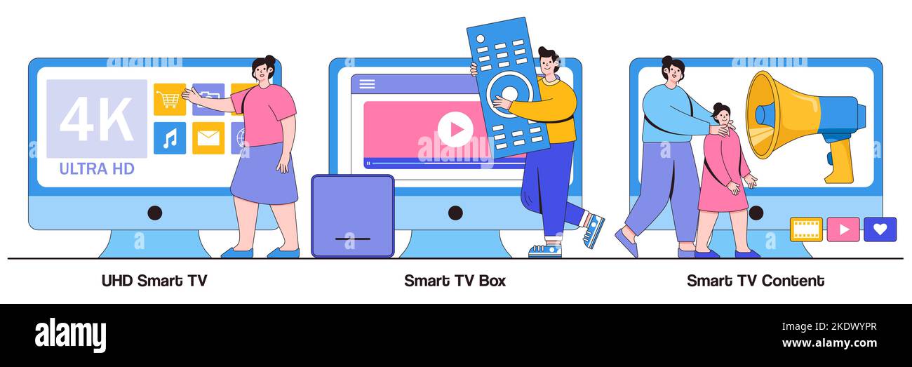 UHD smart TV, smart TV box, 4k video content concept with tiny people. Watch TV vector illustration set. Home entertainment movie theatre, online vide Stock Vector