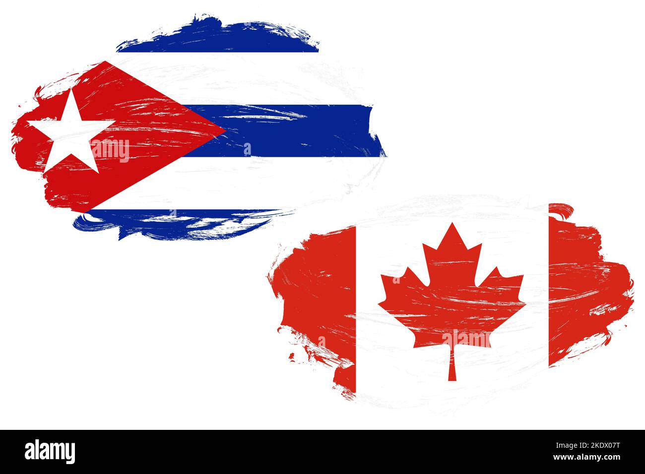 Cuba and canada flag together on a white stroke brush background Stock