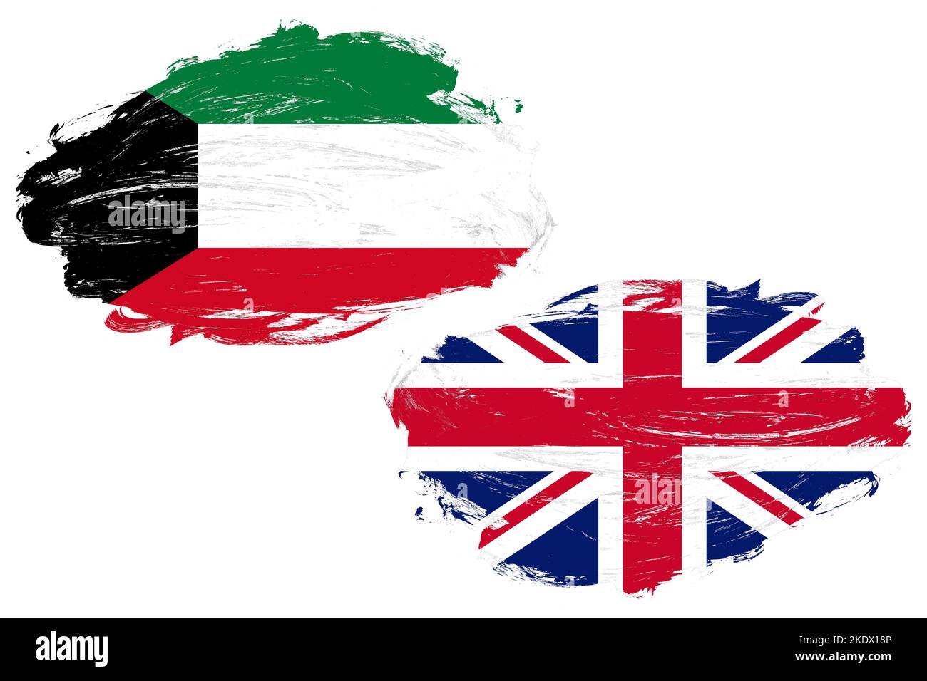 United kingdom and kuwait flag together on a white stroke brush background Stock Photo