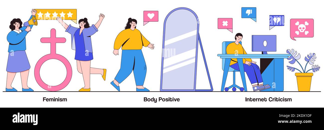 Feminism, body positive, internet criticism concept with tiny people. Social activism abstract vector illustration set. Girl power, gender equality, p Stock Vector