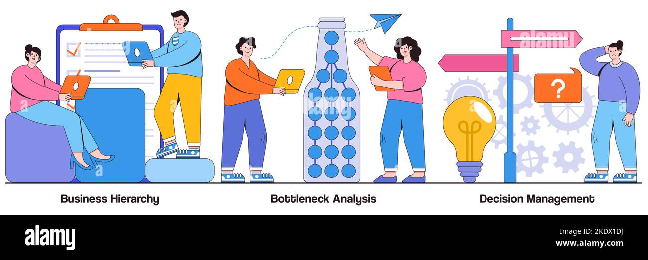 Business hierarchy, bottleneck analysis, decision management concept with tiny people. Management system vector illustration set. Workflow improvement Stock Vector