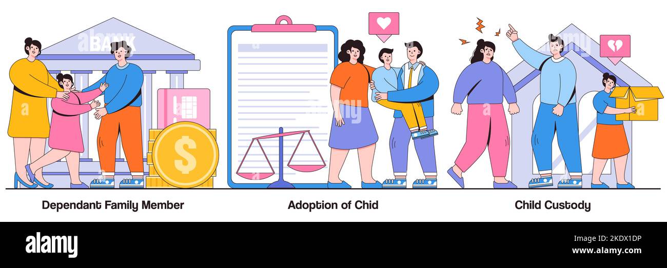 Dependant family member, adoption of a child, child custody concept with tiny people. Family law vector illustration set. Alimony, parents divorce, sa Stock Vector
