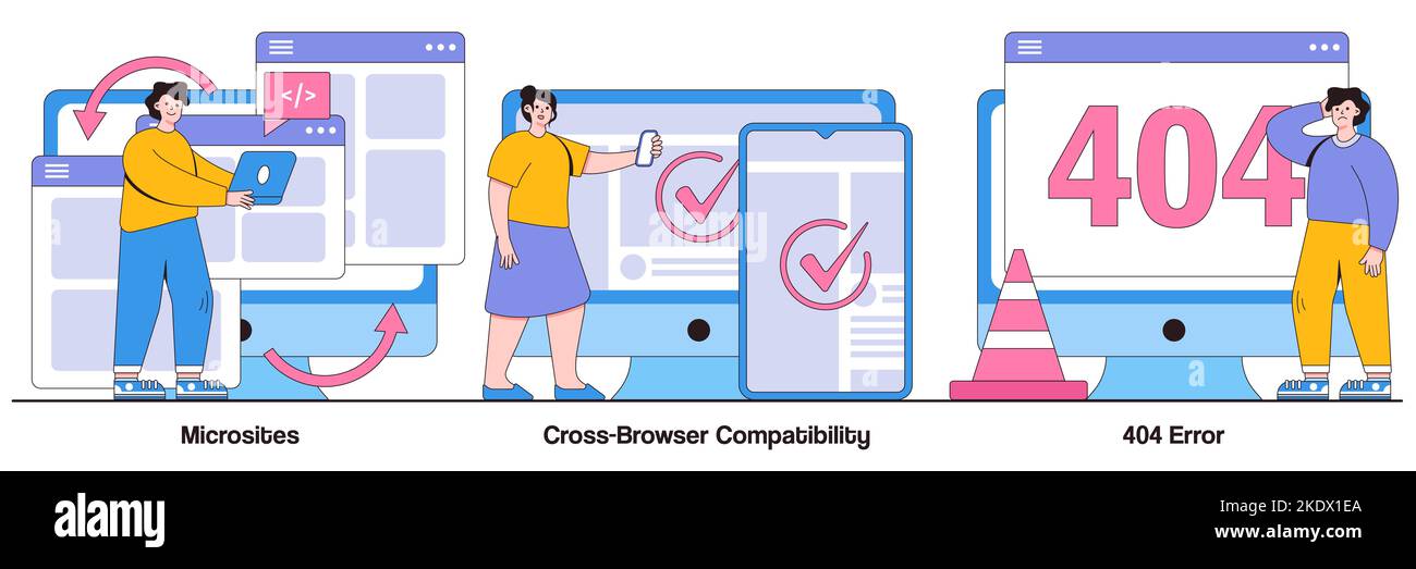 Microsite interface, cross-browser compatibility, 404 error concept with tiny people. Web development vector illustration set. Programming, company pa Stock Vector
