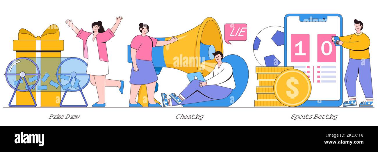 Prize draw, cheating, sports betting concept with tiny people. Internet gambling problem abstract vector illustration set. Lottery awards raffle, unfa Stock Vector