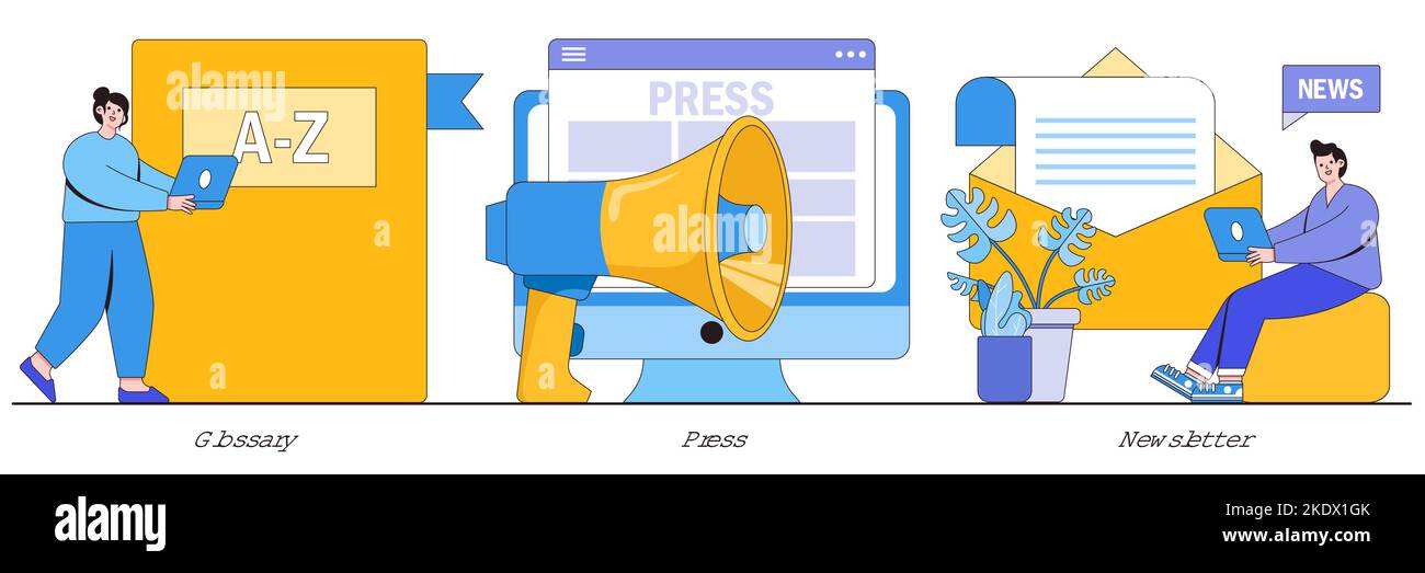 Glossary, press, newsletter concept with tiny people. Mass media, online daily news magazine subscription abstract vector illustration set. Internet c Stock Vector