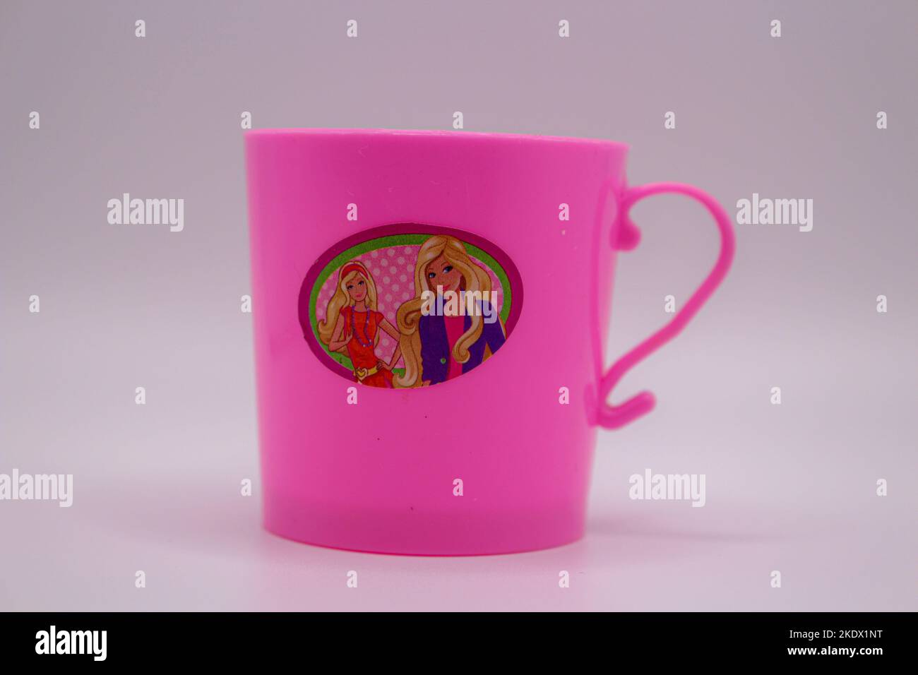 A barbie plastic toy cup isolated in white background in Surrey, BC