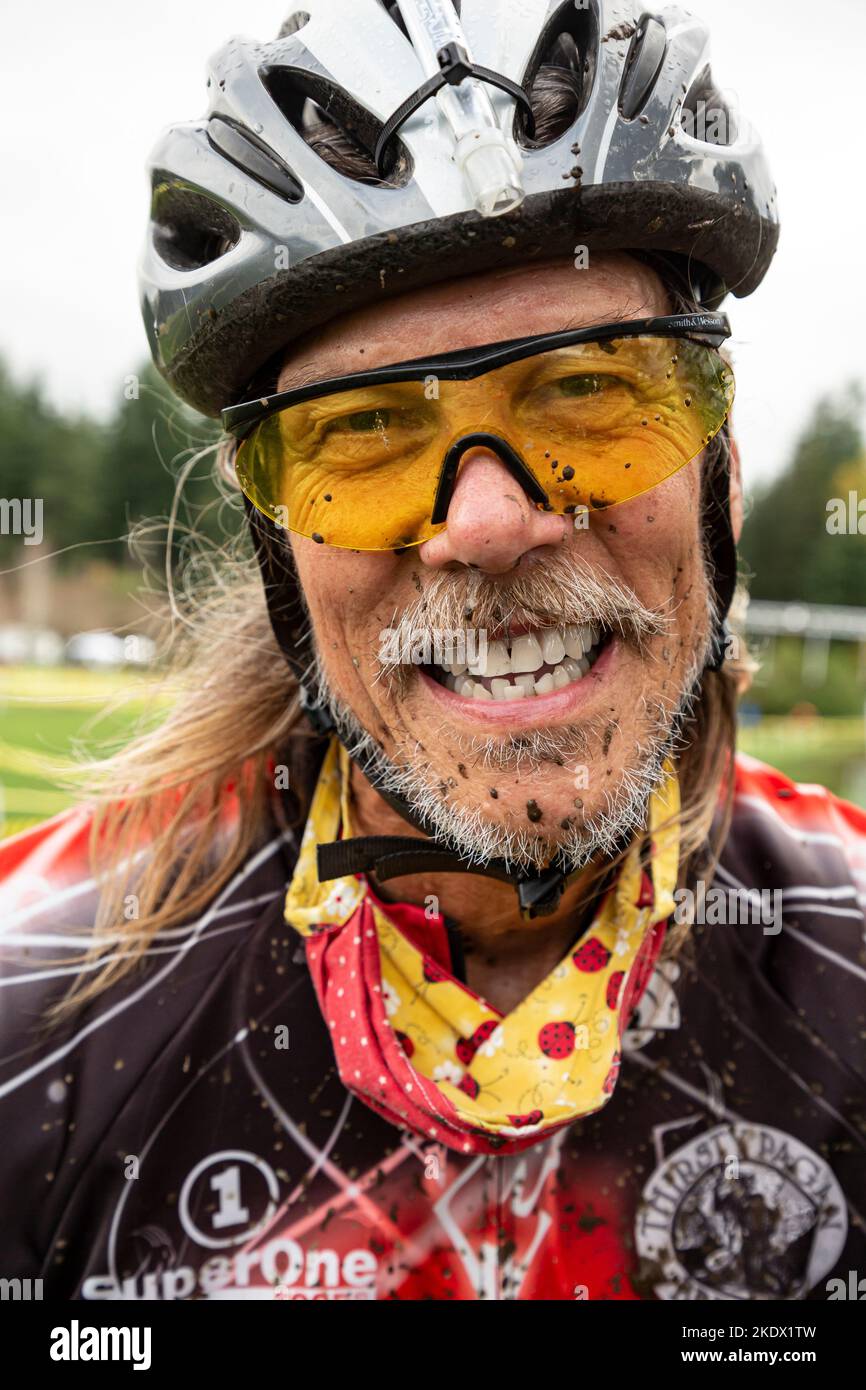 WA21423-00...WASHINGTON - Tom Kirkendall at the end of a very muddy cyclocross race at Enumclaw, WA. Stock Photo
