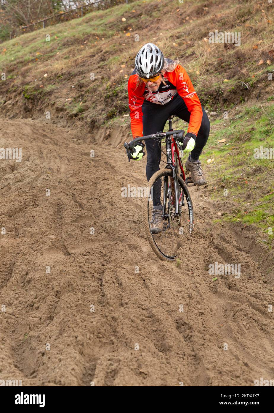 WA21483-00...WASHINGTON - Loosing control in the sand trap at the CRX SeaTac 2021 cyclocross race. Stock Photo