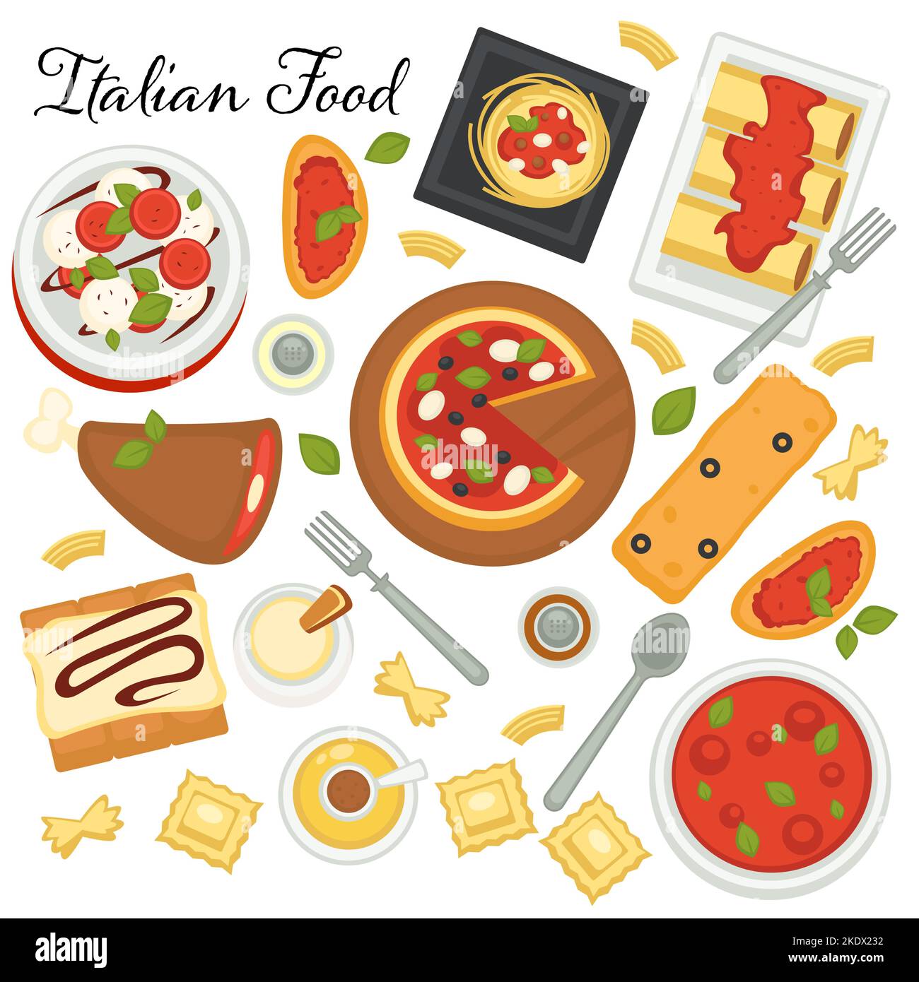 Italian cuisine of european country, menu with pasta, pizza and desserts. Served sweets, snacks and pastries with cream, vector in flat style Stock Vector